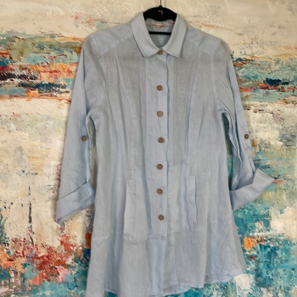 Soft Surroundings Linen Tunic Top Pockets Fitted Light Blue Lng Slv Sz XS - Picture 2 of 11